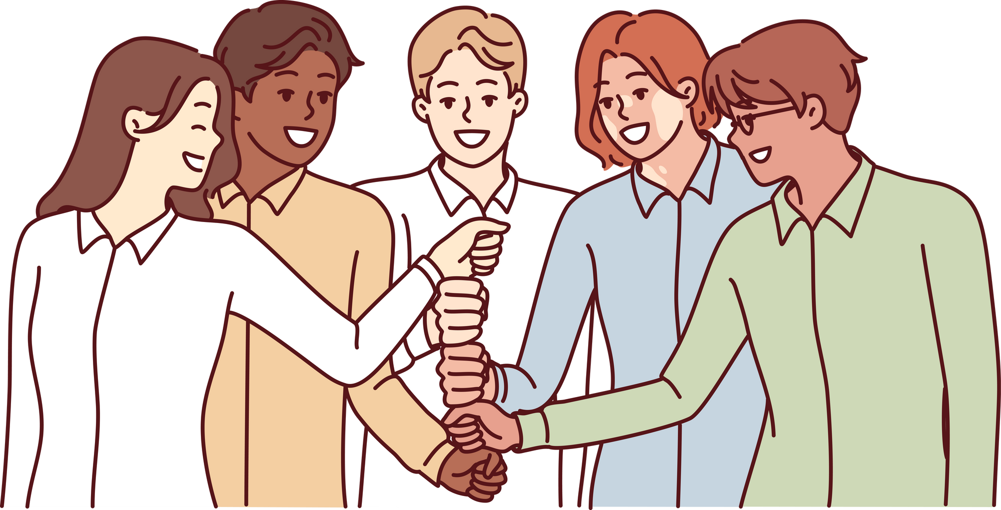 Happy diverse business team of employees celebrating success by touching with fists in center